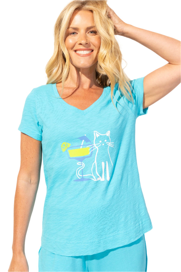 Cocktail Kitty V-Neck Short Sleeve Tee - 41800