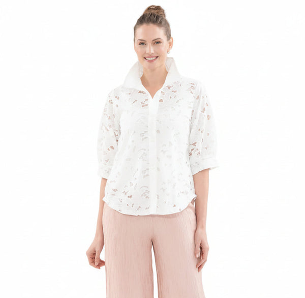 Lace Mesh High-Low Blouse in White - 7122-WT