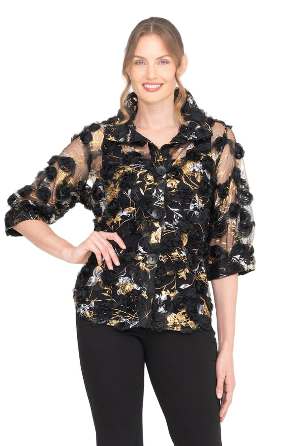 3D Rosette Mesh Jacket in Black, Gold & Silver - 7117