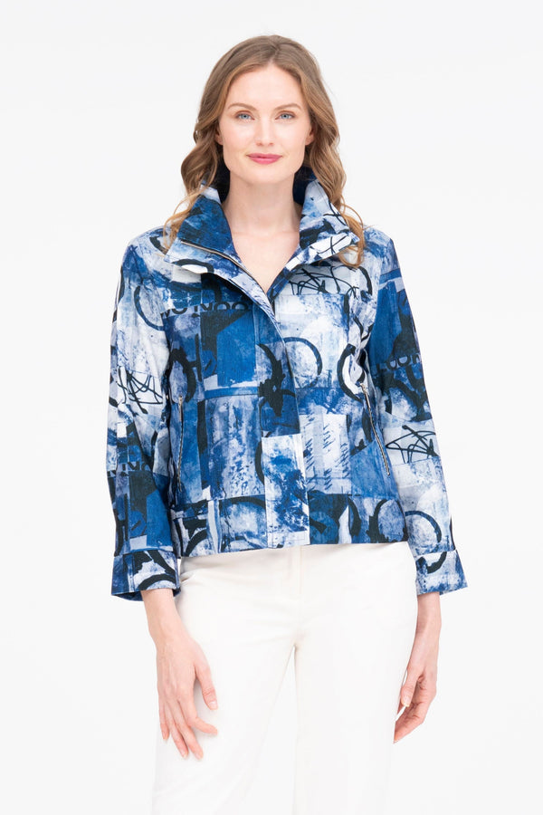 Damee NYC Multi Print Biker Jacket in Blue - 4913