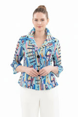 Artful Abstract Print Jacket with Wired Collar - 5091-BLU
