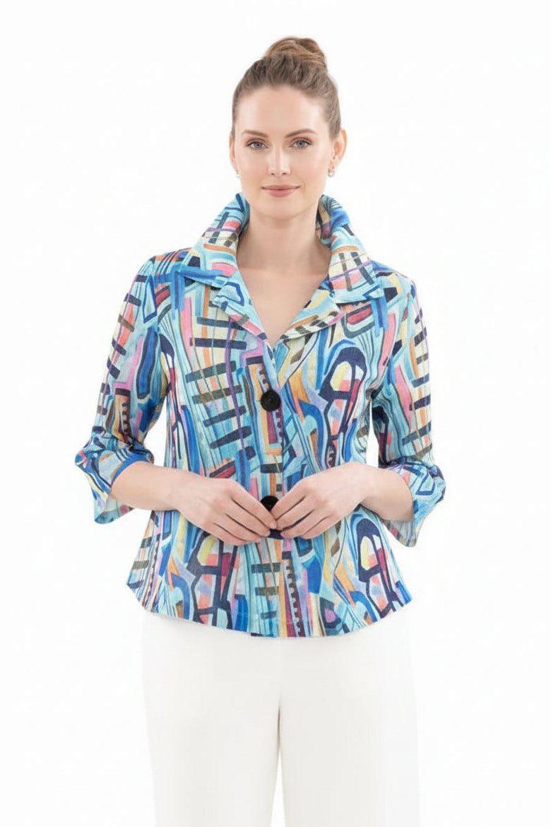 Artful Abstract Print Jacket with Wired Collar - 5091-BLU