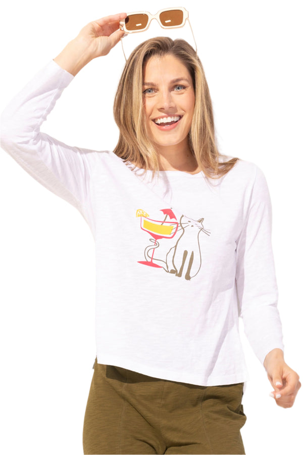 Cocktail Kitty Boxy Tee in White - 41825-WT