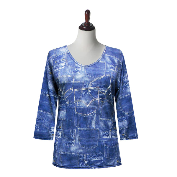 Valentina "Denim Pockets" Print Top in Blue - 26101