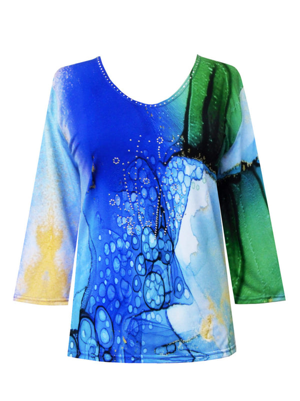 "Blue Wave" V-Neck Print Top  - 28089