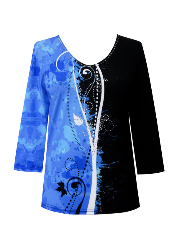 "Ascent" Royal Blue, Black & White  Print V-Neck Top - 31294