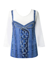 "Denim Lace-Up" V-Neck Print Top - 32136