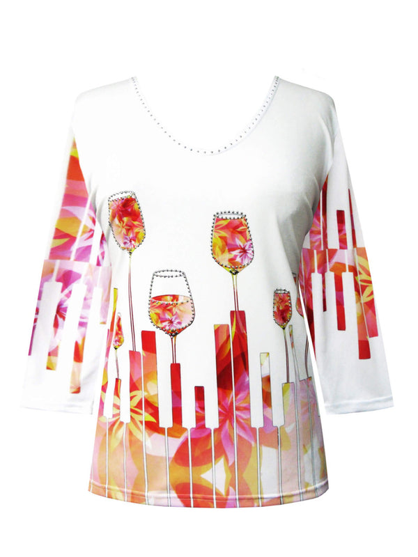 "Cocktails" V-Neck Print Top  - 33047