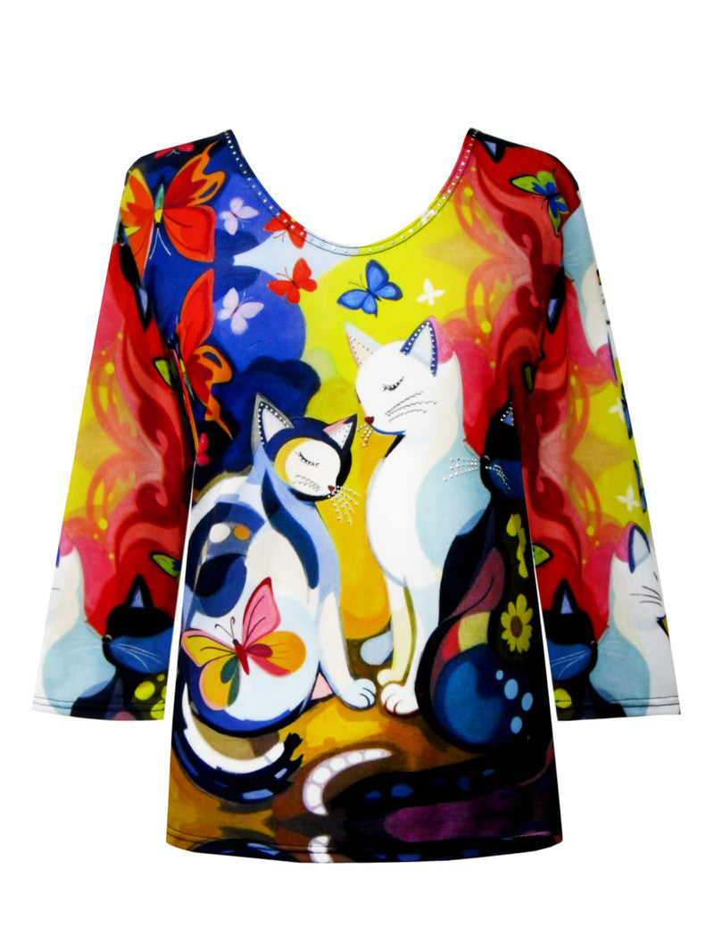 Cat Lovers V-Neck Print Colorful Top - 35615