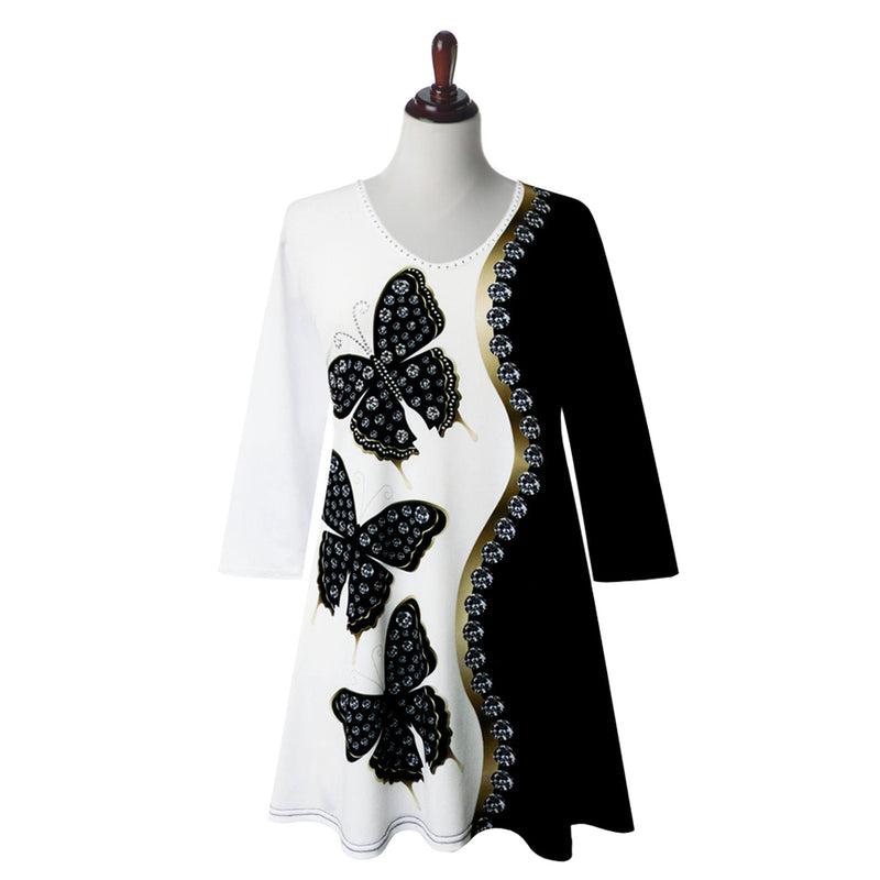 Valentina Butterfly Print V-Neck Tunic in Black/White - 26474-TU