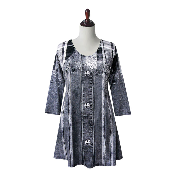 Valentina "Plaid & Denim" Print Tunic in Grey - 26704-TU