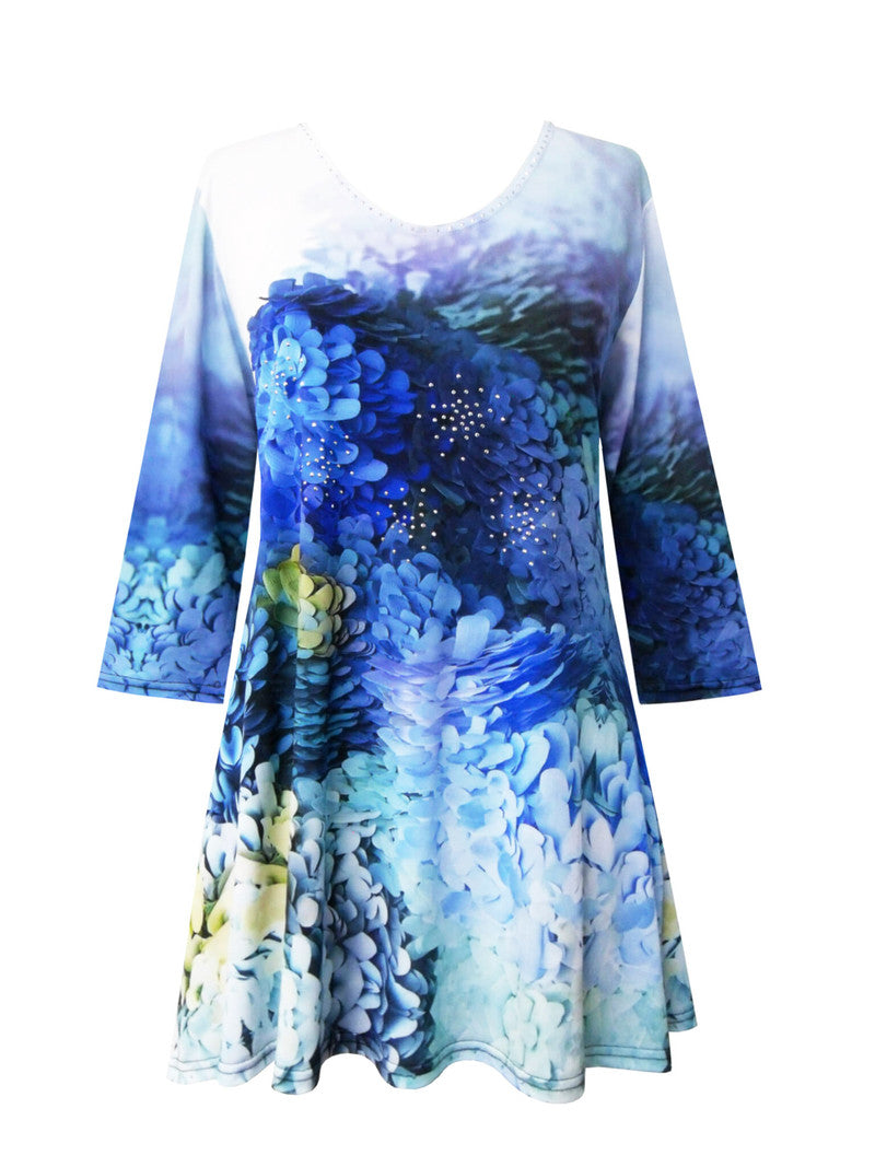 Valentina Blue Hydrangea-Print V-Neck Tunic in Multi - 28812-TU