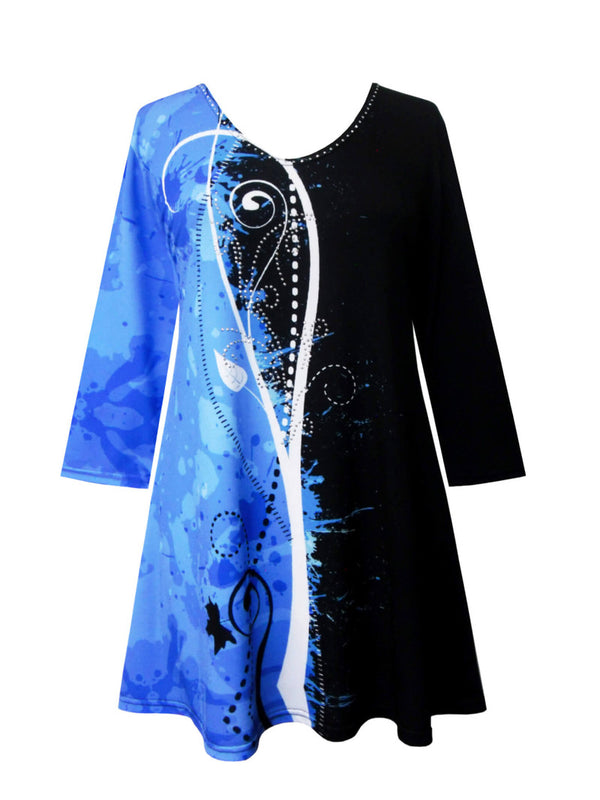 "Modern Flair"  Print V-Neck Tunic in Blue - 31294-TU