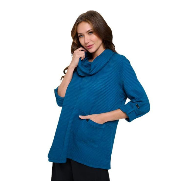 Focus Fashion Cowl-Neck Waffle Tunic in Deep Sea- FW-124-DS