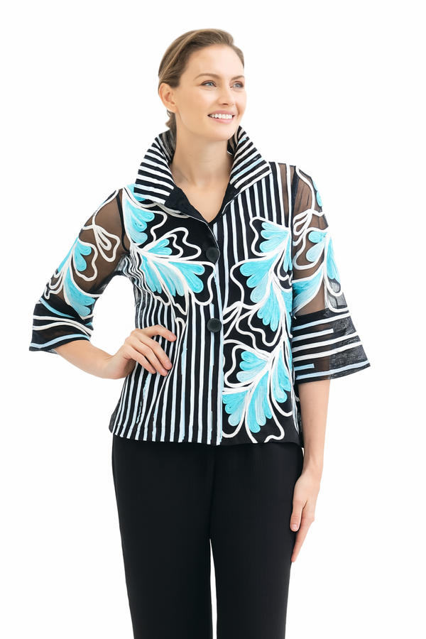 Soutache Embroidered Jacket in Aqua Blue & White on Black Mesh - 2407- Size S