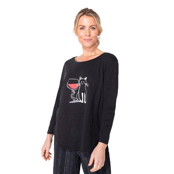 "Cats & Wine" Lovers Tee in Black  - 40504