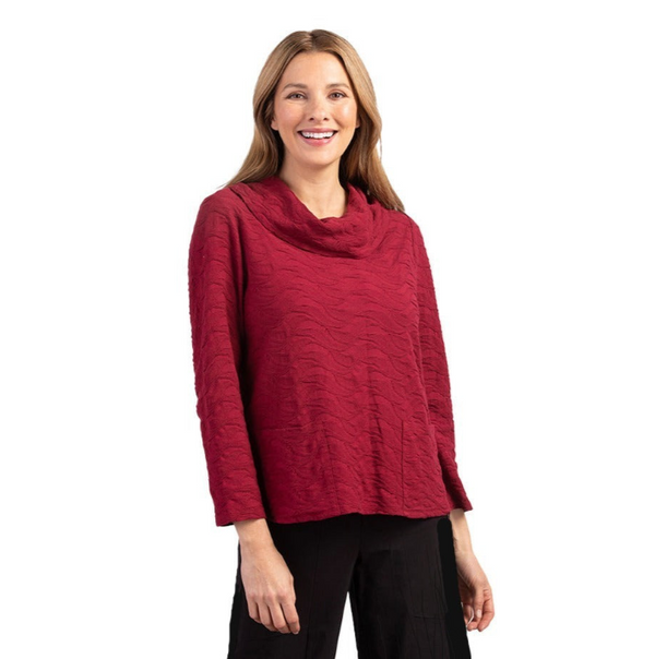 Habitat Waterfall Knit Cowl-Neck Pocket Top in Cranberry - 16310-CRN