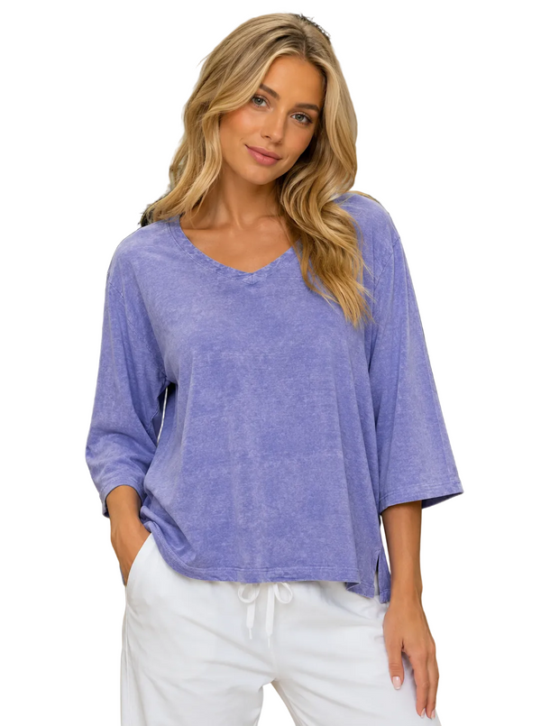 Mineral-Washed V-Neck Short Top in Periwinkle - T401-PERI