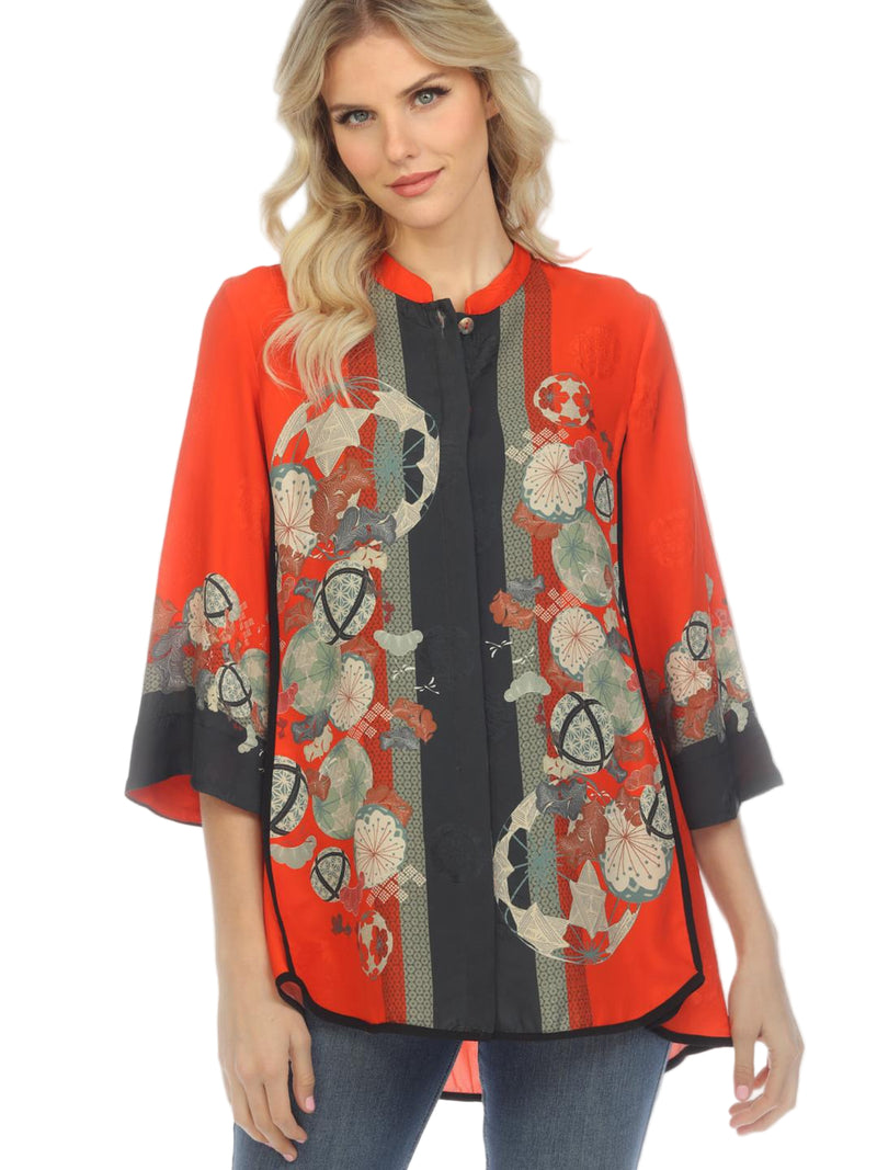 Art-Print Silk-Blend Blouse in Red Multi - 2030TBP
