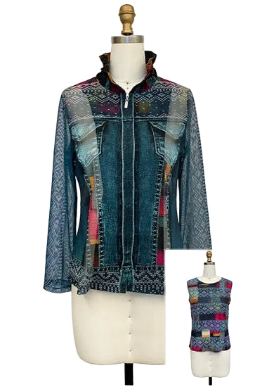 Just In! Geometric & Denim Print Mesh Jacket & Soft Knit Tank - 31456