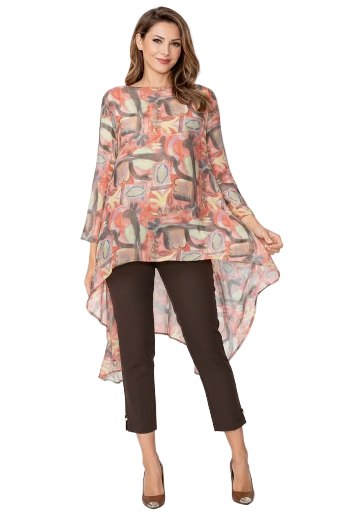 Abstract Art Print Inspired High-Low Tunic in Coral - C1103T