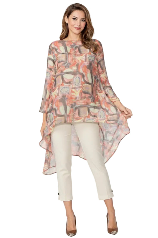Abstract Art Print Inspired High-Low Tunic in Coral - C1103T