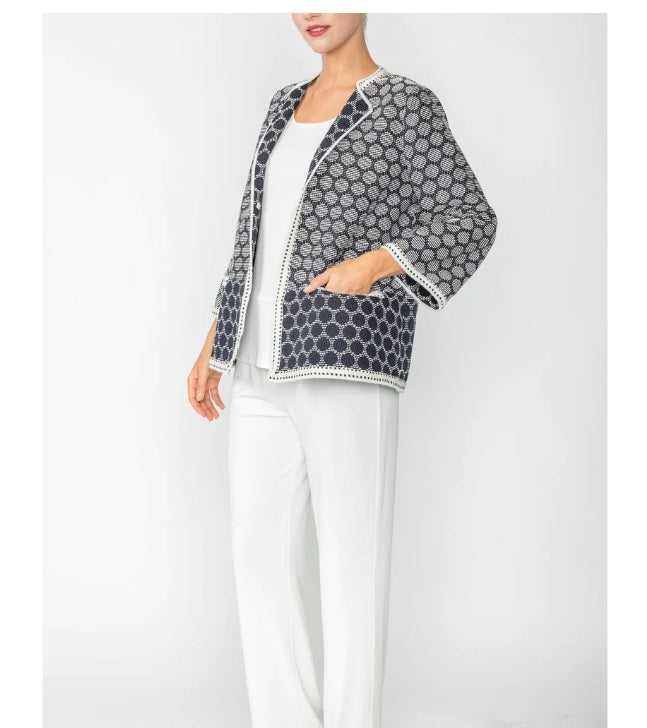 IC Collection Two-Tone Geometric Open Front Jacket in Black & White - 6055J