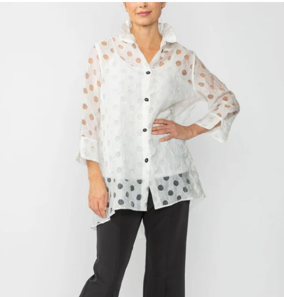 Just In! Polka-Dot Semi-Sheer Long Blouse in White - 7032J-WHT