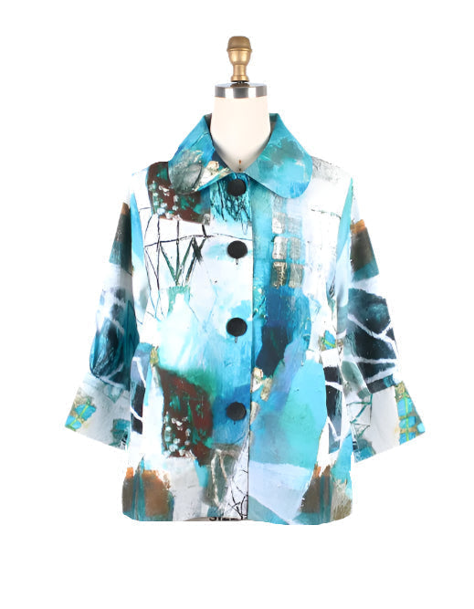 Absract-Print Button Front Jacket in Turq/Multi- 4877
