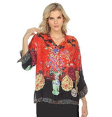 Asian Inspired Floral Print Silk Blouse in Red - 1213LMT