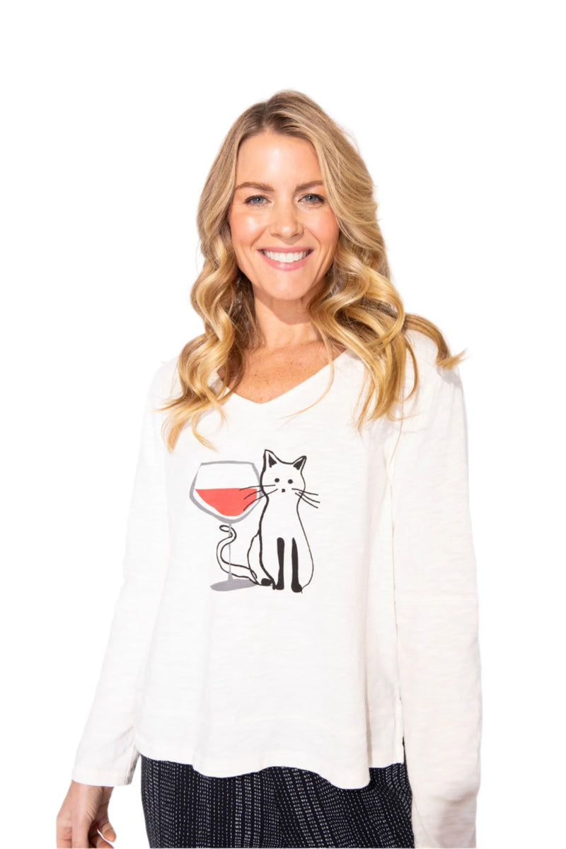 "Cat & Wine" Lovers Tee in Ivory - 40545