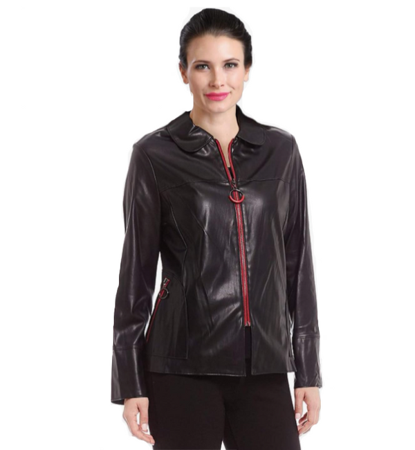 IC Collection Semi-Fitted Faux Leather Jacket in Black/Red - 3162J - Sizes S & M Only!
