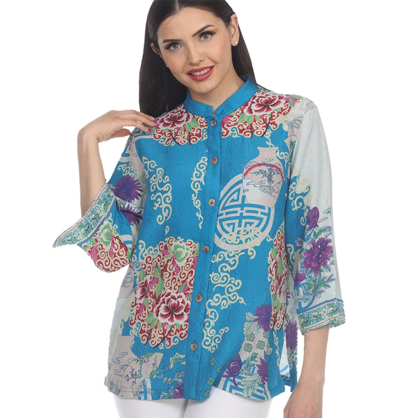 Citron Bouquet Print Silk Blend Blouse in Blue/Turquoise - 1213BCT