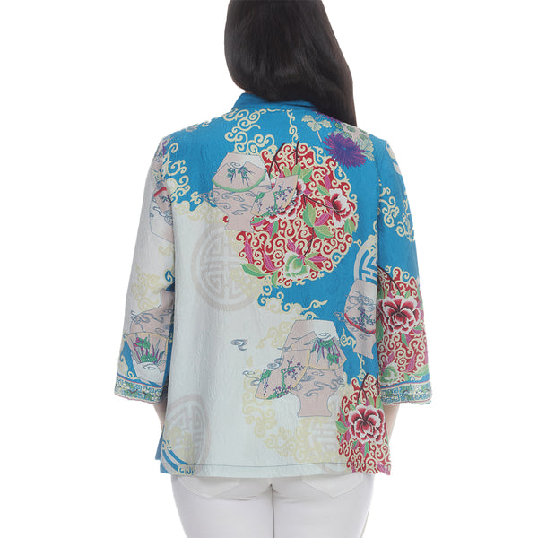 Citron Bouquet Print Silk Blend Blouse in Blue/Turquoise - 1213BCT