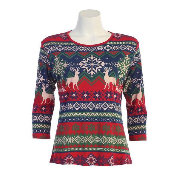 Jess & Jane "Wonderland" Holiday Top in Red/Multi - 14-1119-RD