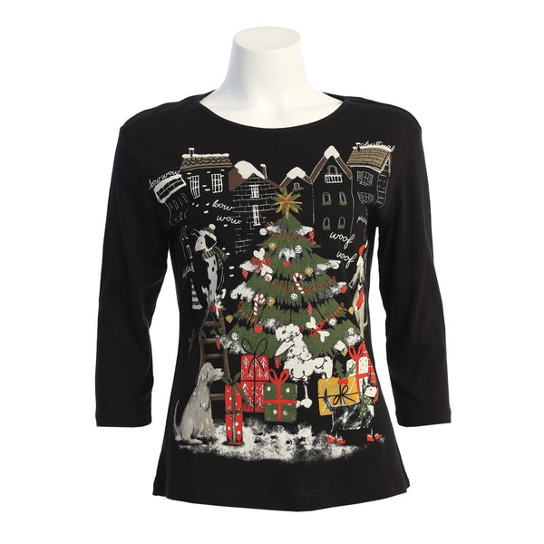 Jess & Jane "Dogs of Christmas" Abstract Print Top in Black - 14-1663