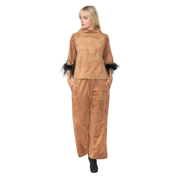 IC Collection Bateau Collar Faux Suede Top in Caramel - 5549T