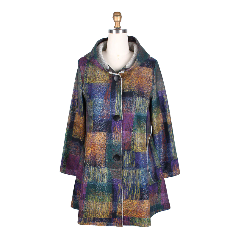 Damee Brushed Checker Hooded Long Coat - 4759-MLT - Sizes L & XXL