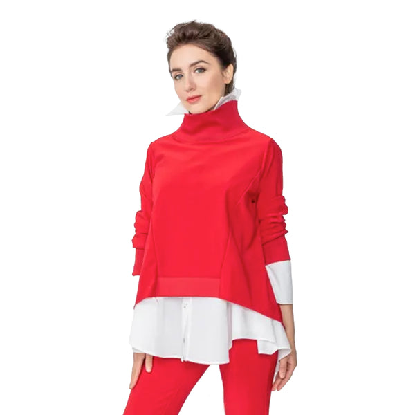 IC Collection High Ribbed Collar Poncho Top in Red - 2712T-RD