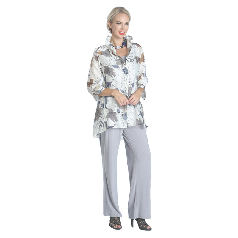 IC Collection Sheer Floral Hi-Low Blouse in Ivory, Blues & Greys - 2277J