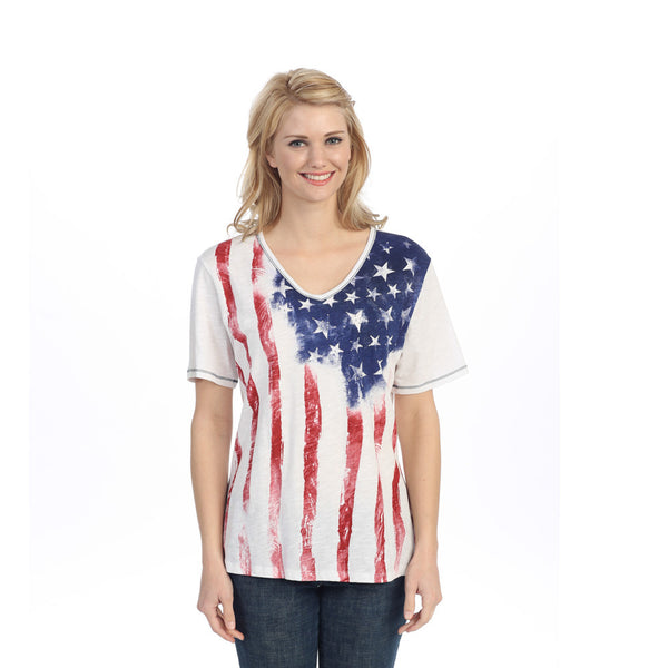 Jess & Jane "Old Glory" V-Neck Cotton Top in Red, White & Blue - 15-630-SS - Size S