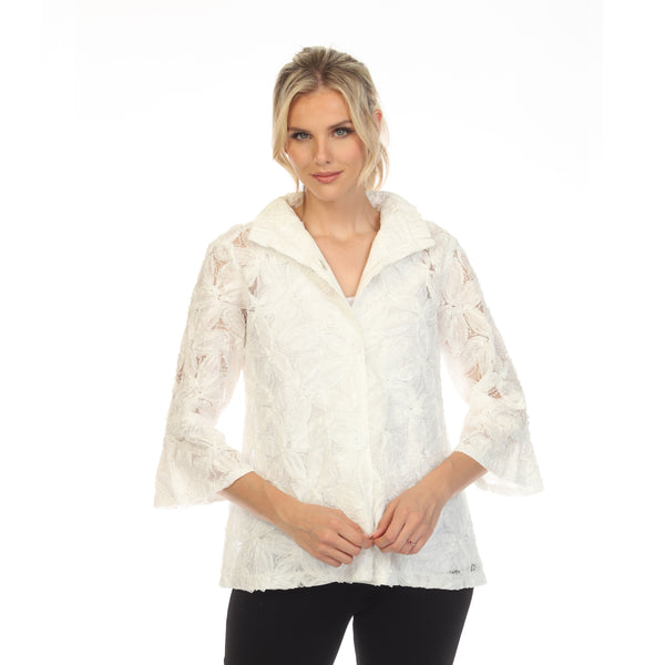Damee "Elegance" Beaded Floral Mesh Jacket in White - 2381-WT - Size XXL Only!