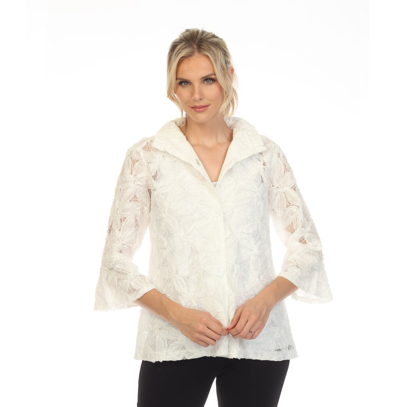 Damee "Elegance" Beaded Floral Mesh Jacket in White - 2381-WT
