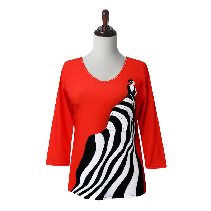 Valentina " Zebra Dream" V-Neck Top in Red, White & Black - 25600