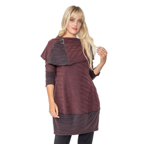 IC Collection Abstract Textured Cowl-Neck Tunic W/ Pockets in Wine - 5371T- WN