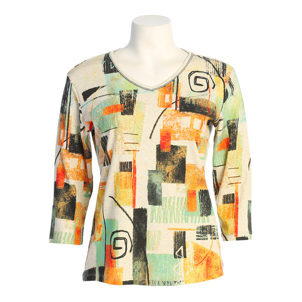 Jess & Jane "Malaga" Abstract Print V-Neck Top in Oat - 15-1806 - Sizes S & 2X