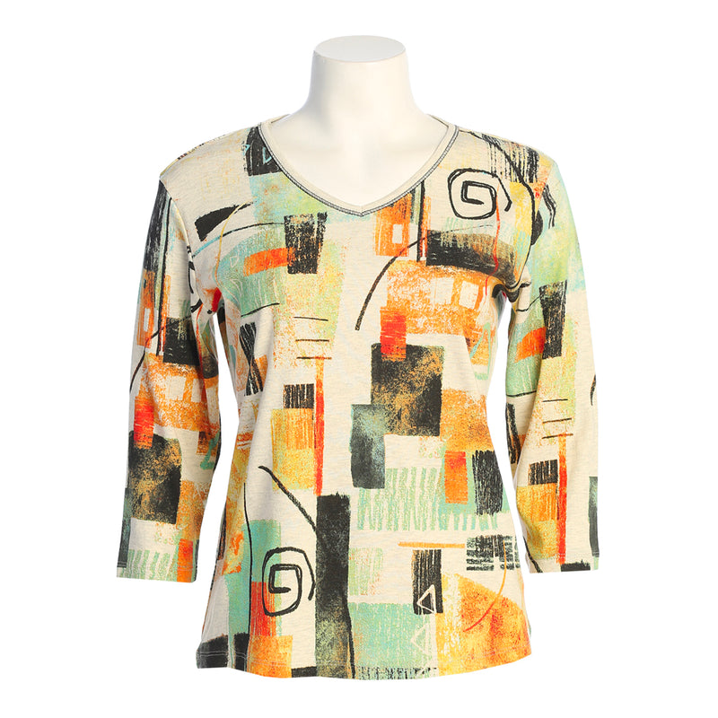 Jess & Jane "Malaga" Abstract Print V-Neck Top in Oat - 15-1806 - Sizes S, 1X & 2X