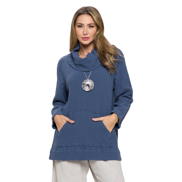 Focus Oversized Cowl-Neck Textured Tunic Top in Indigo Blue - DS204-IN