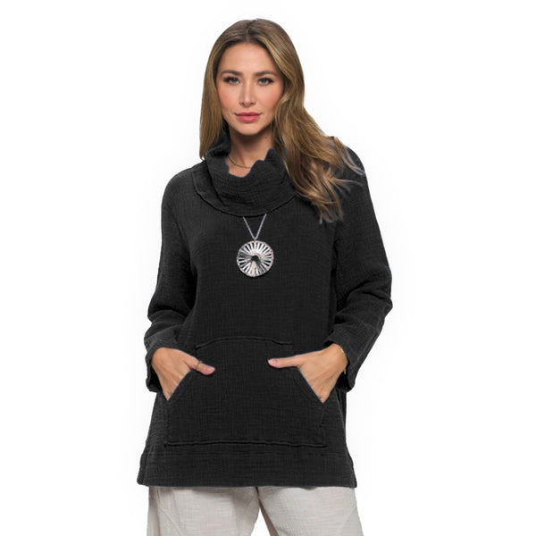 Focus Oversized Cowl-Neck Textured Tunic Top in Black - DS204-BK - Sizes S & M Only!