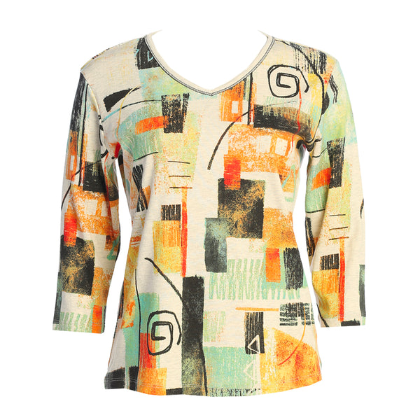 Jess & Jane "Malaga" Abstract Print V-Neck Top in Oat - 15-1806 - Sizes S, 1X & 2X